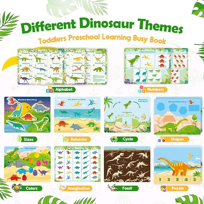 MDINGTD Dinosaur Toys for Kids 3-5, My Preschool Busy Book Montessori Toys for 3 4 5 6 7 Year Old Boys Girls Preschool Learning Homeschool Activities Birthday Gifts for Kids Ages 2-4 5-7