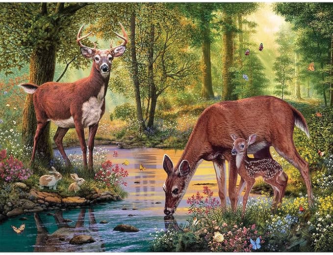 Bits and Pieces – 500 Piece Jigsaw Puzzle for Adults – Woodland Stream - Deer Stream Forest Tree Flower Nature Water Animals Woods Jigsaw Puzzle by Artist Steve Read, Completed Puzzle Size: 18" x 24"