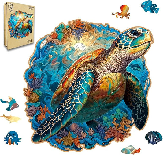 Wooden Puzzle,Coral Sea Turtle Jigsaw Puzzles 300 Piece,Fun Challenging Puzzles Family Game Gift,Unique Shape Puzzles for Adults 14.9 x 14.9 Inch