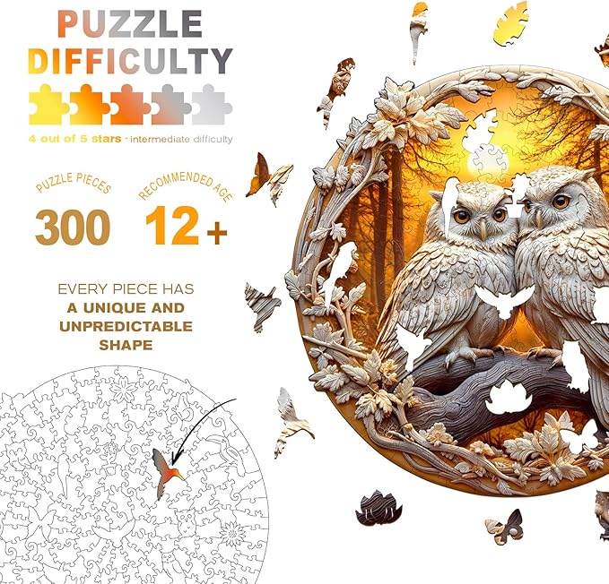 Wooden Puzzles for Adults - Couple Owl Wooden Jigsaw Puzzle - Unique Animal Shaped Wood Puzzles Adult - Christmas Birthday Gifts for Adults/Friends/Family - 300pcs 13.4 * 13.2in