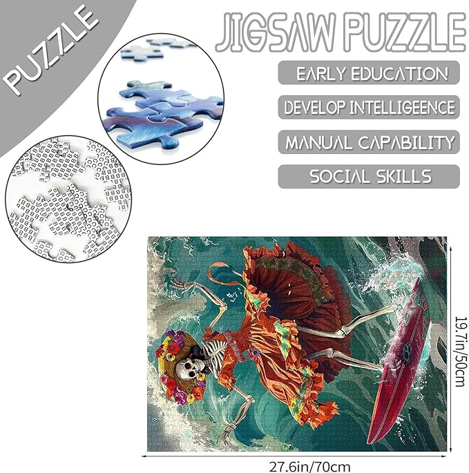 Tucocoo Skull Surfing Ocean Jigsaw Puzzles for Adults 1000 Pieces, Dancing Skeleton Mexican Dress Art Puzzle Colorful DIY Craft Puzzles for Home Decoration Gift, Family Puzzle Perfect for Game Nights