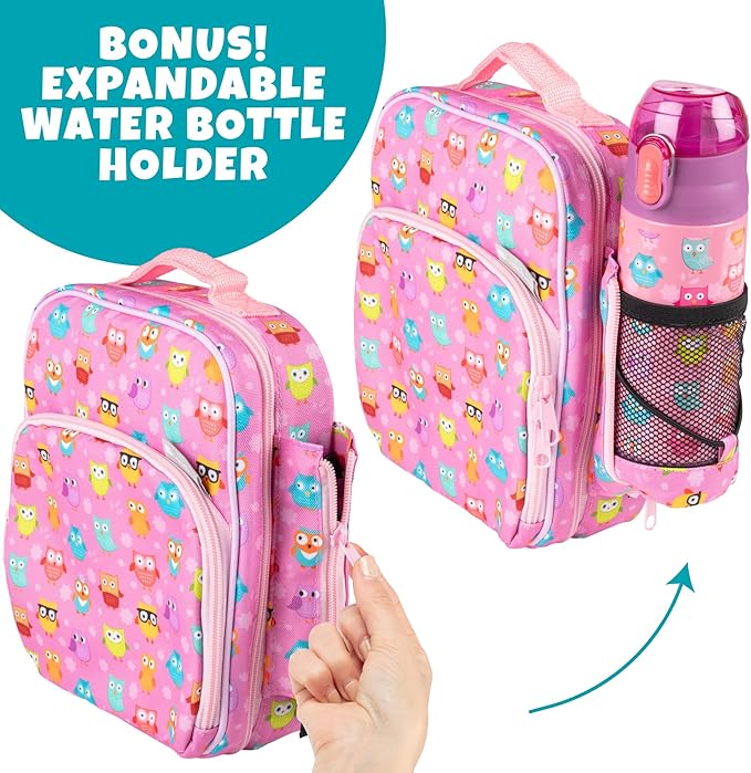 Bentology Kids Lunch Bag Set w Matching Reusable Water Bottle & Hard Ice Pack- Pink Yellow Rainbow Owls- Insulated Tote, Stainless Steel Insulated Thermos, Hard Ice Pack- Back to School Lunchbox Kits