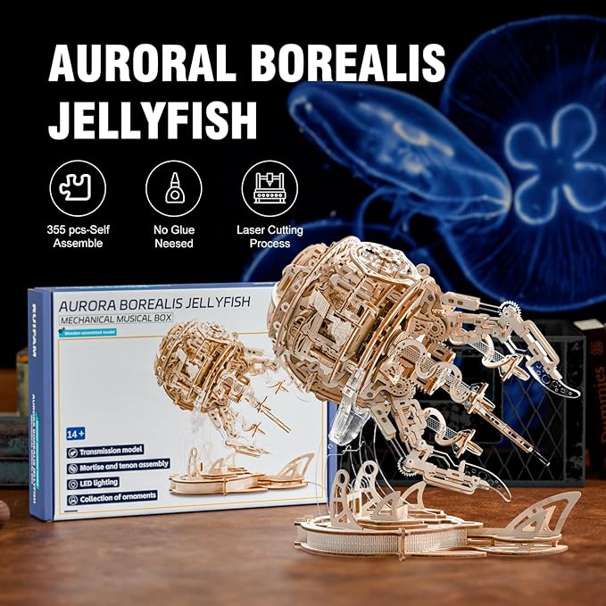 3D Wooden Puzzles for Adults, 3D Puzzle Model Aurora Jellyfish Toys Building Kits, DIY Wood Crafts Cool Toy Hobbies for Men Women, Creative Assembly Gifts