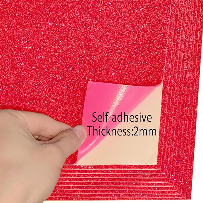 SALEMAR Red Sticky Glitter Foam Sheets for Craft, 10 Packs Thick Self-Adhesive Sparkle EVA Paper Stickers for School Projects, 30 x 20cm