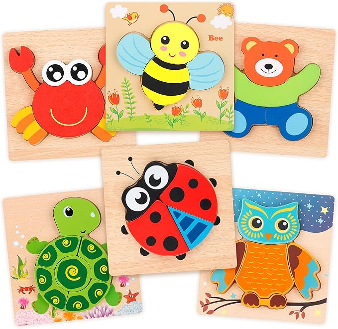 Coogam Wooden Jigsaw Puzzle Set, 6 Pack Animal Shape Color Montessori Toy, Fine Motor Skill Early Learning Preschool Educational Gift Game for Years Old Kids