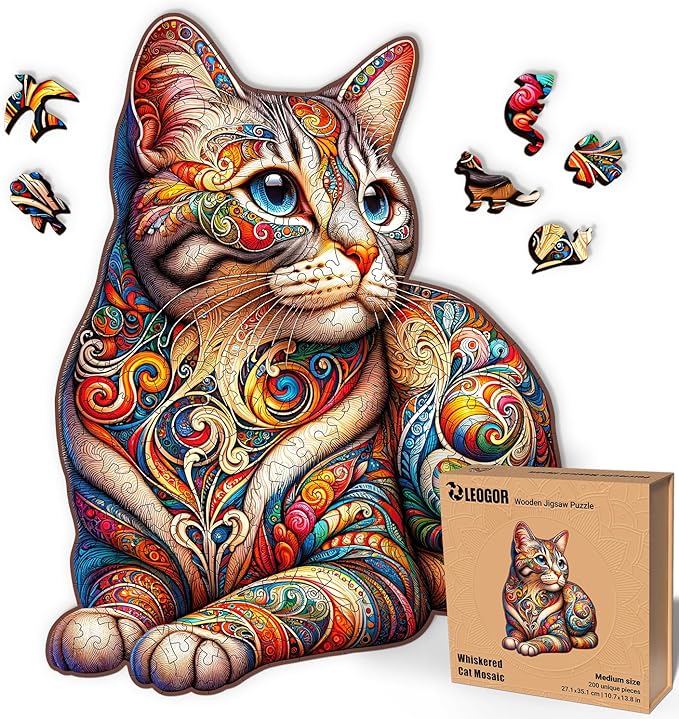 LEOGOR Wooden Jigsaw Puzzles for Adults 200 Pieces (10.7 × 13.8 in), Cat Puzzle, Extra-Thick 5mm Wood, Vibrant Mosaic Design, Relaxing Artistic Gift for Adults and Teens