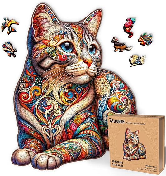 LEOGOR Wooden Jigsaw Puzzles for Adults 200 Pieces (10.7 × 13.8 in), Cat Puzzle, Extra-Thick 5mm Wood, Vibrant Mosaic Design, Relaxing Artistic Gift for Adults and Teens