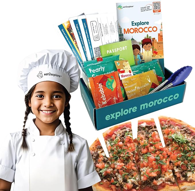 eat2explore Cooking Kits for Kids - Interactive & Educational Set with 3 Recipe Cards, Key Ingredients & Cooking Tools - Ideal Idea for Kids who Love to Create Meals (Morocco Edition)