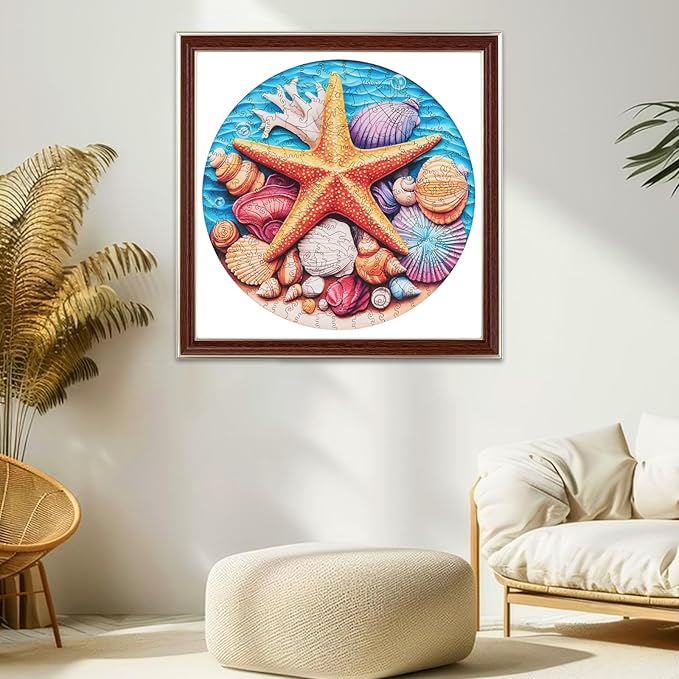 Wooden Puzzles for Adults 500 Pieces, Blue Starfish Jigsaw Puzzles, Adult Puzzle, Home Decor Gift Family Brain Game for Men Women Elders Seniors, 16.5x16.5 inch