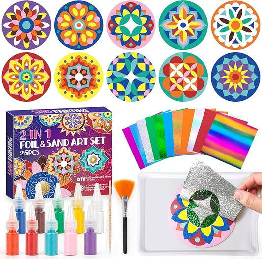 Foil Fun & Sand Art Kit for Kids, 2 in 1 Mandala Foil Arts and Sand Painting Pictures Coloring Kits, DIY Crafts Gifts for Girls and Boys Ages 4-8