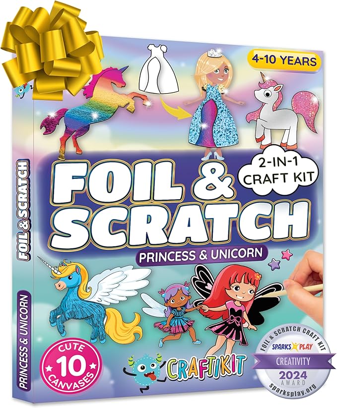 Craftikit ® Award-Winning Unicorn and Princess Foil Art & Rainbow Scratch Art for Kids- 2-in-1 Arts and Crafts Kit for Kids Ages 4-10 - Unicorn Crafts for Girls Ages 4, 5, 6, 7, 8, 9, 10