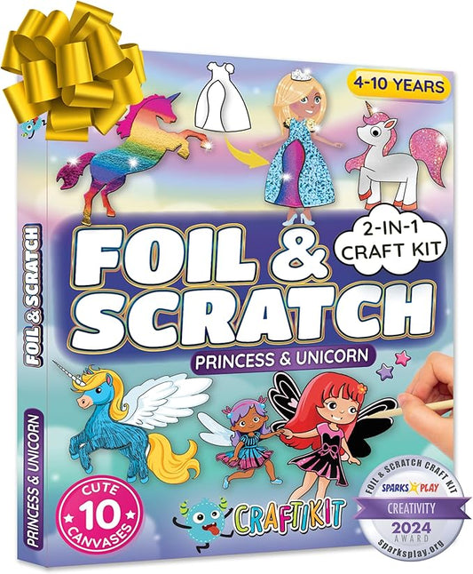 Craftikit ® Award-Winning Unicorn and Princess Foil Art & Rainbow Scratch Art for Kids- 2-in-1 Arts and Crafts Kit for Kids Ages 4-10 - Unicorn Crafts for Girls Ages 4, 5, 6, 7, 8, 9, 10