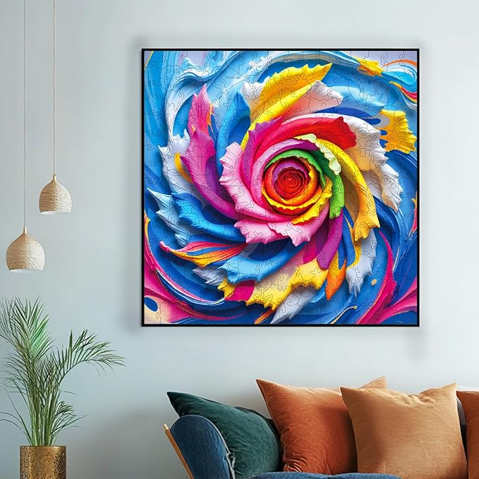 Wooden Puzzles for Adults 300Pieces, Rainbow Swirl Rose Wooden Jigsaw Puzzles, Stress Relief Puzzle Gifts, Unique Shaped Brain Teaser, Wall Art Home Decor, Challenging Family Games 15.2"x15.2"