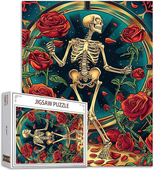Tucocoo 1000 Piece Jigsaw Puzzles for Adults Human Skeleton Painting Puzzle Skull Dancing with Red Roses Art 1000 Pieces Puzzles for Challenging Family Activity Game DIY Puzzle Wall Decor Gifts