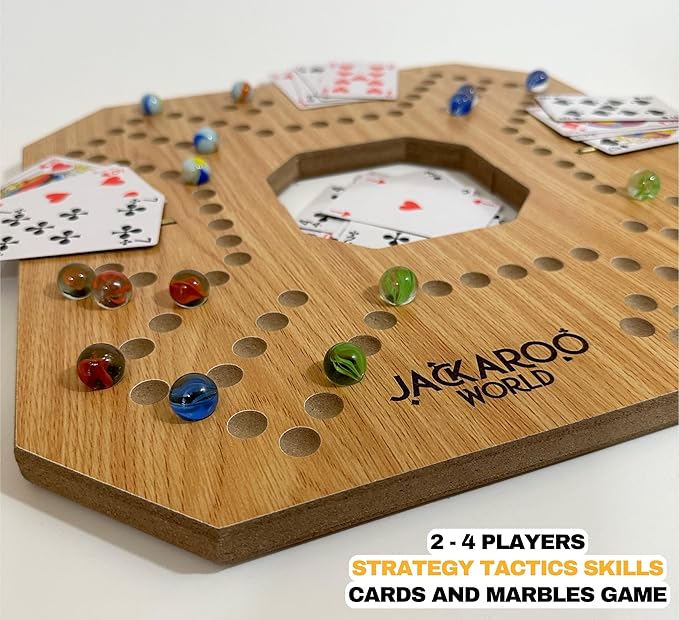Jackaroo Board Game - 2-4 Player Marble Board Games - Marble Strategy Game - Carbles game with Cards - Marbles and Jokers Board Game - Jokers and Pegs Board Wooden - Dirty Marbles Strategy Games (Oak)