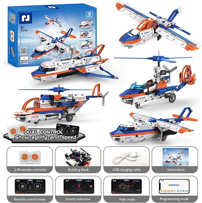 STEM Building Toys for Kids 6-14，5-in-1 Remote & App Controlled Construction Plane/Jet Aircraft/Helicopter/Space Shuttle/Wing Aircraft，325 Pcs Building Blocks Set Birthday Gift Ideas for Boys Girls