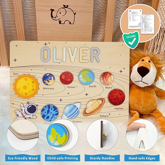 Personalized Name Puzzle for Kids, Custom Baby Gifts for Toddler 1-3, Customized 1st Birthday for Girls & Boys Wooden Planet Puzzle Montessor Toys for Kids