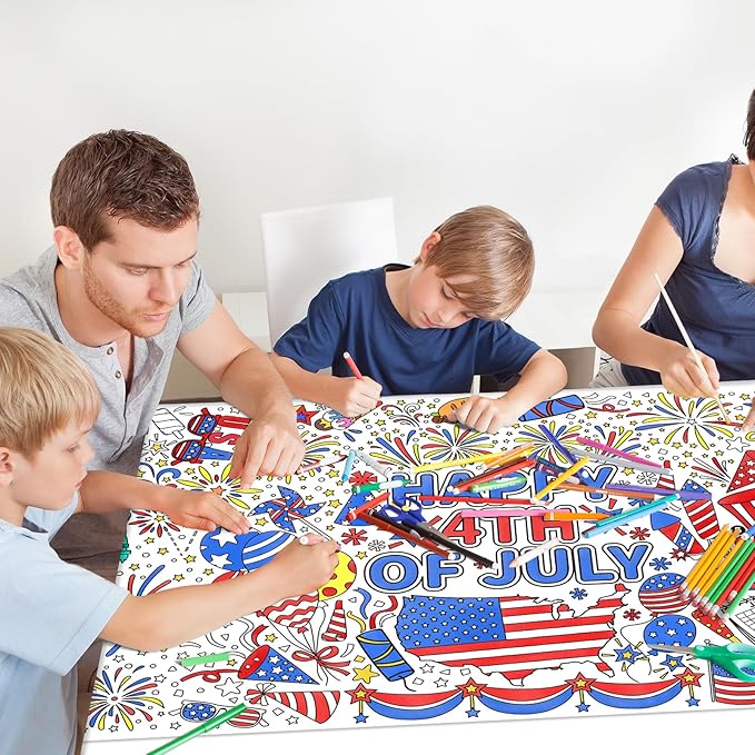 Gatherfun 4th of July Coloring Tablecloth | Patriotic Giant Poster 31.5x72 | Ideal for Independence Day Decor & Activities | American Flag-Themed for Classroom Wall or School Party Table Cover