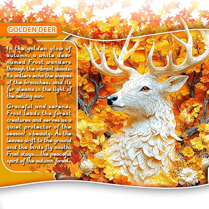 Wooden Jigsaw Puzzle, 200-500 Pieces Unique Shape Animal Puzzle, for Adults & Kids, Birthday Gift Family Game, Decorative Puzzle, Unique Gift (Golden Deer, 300 PCS)