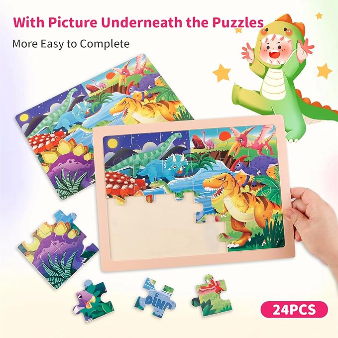 24PCS Wooden Puzzles for Kids Ages 4-6, 4 in 1 Box, Preschool Educational Toys Birthday Gifts Puzzles for 3 4 5 6 7 8 Year Old Boy Girls, Animal