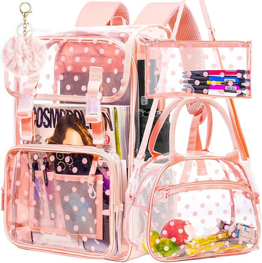 17" Polka Dot Clear Backpack for Girls - 3Pcs Flip Design Stadium Approved Set, Campus/School Transparent Bookbag (Pink)