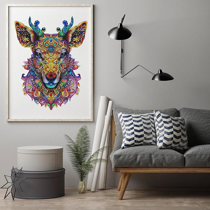 Ruikiyart Wooden Puzzles for Adults, 5MM 500 Pieces Mandala Deer Wooden Jigsaw Puzzles, Elk Puzzle Unique Shapes Pieces Great Gift for Kids and Adults on Birthday, Thanksgiving, Christmas (15"x19.3")