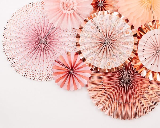 PapaKit Origami Wall Decoration Set (8 Assorted Round Paper Fans) Birthday Party Baby Shower Wedding Events Decor | Creative Art Design Pattern (Lustrous Pink Coral with Metallic Rose Gold)
