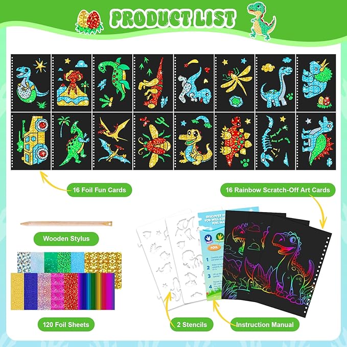 homicozy Art & Craft Activity for Kids - Foil Fun Dinosaurs & Scratch Art Book 2-in-1, No Mess Art Crafts for boys,DIY Creative Activity Kit,Gifts for Boys and Girls Ages 4, 5, 6, 7, 8, 9, Travel Toys