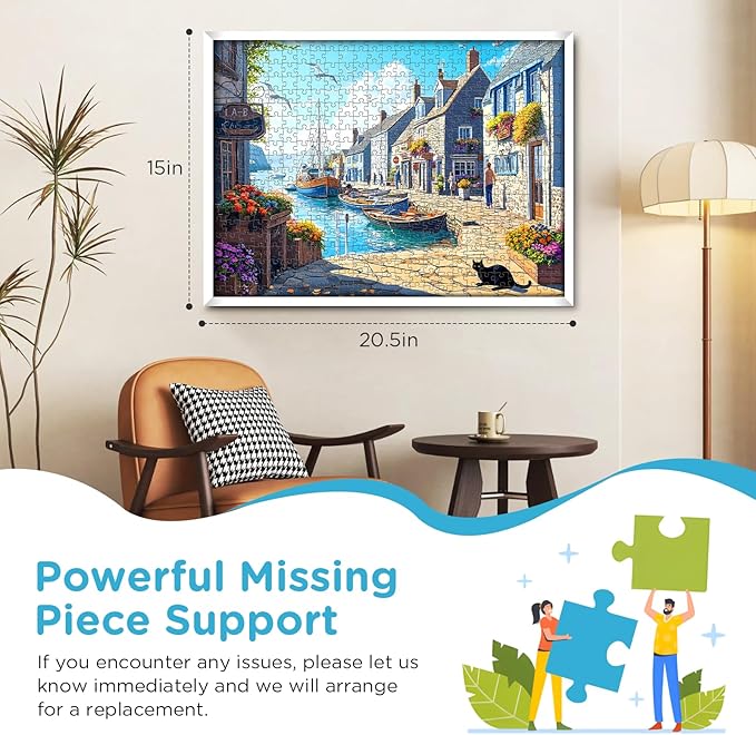 500 Piece Puzzle for Adults, Charming Coastal Village 500 Pieces Jigsaw Puzzles, Seaside Harbor with Cat Puzzle, Perfect for Family Game Night, Ideal Gift for Adults, Kids, Seniors, 20.5 x 15 in