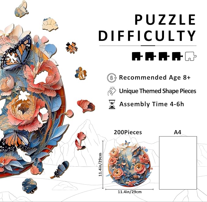 Wooden Puzzles for Adults - Jungle Butterfly Wood Puzzles Adult - Unique Animal Shape Wooden Jigsaw Puzzles for Adults - Birthday Gifts for Puzzle Lovers, Family (11.4 * 11.3in)
