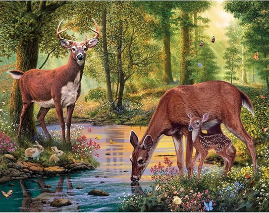 Bits and Pieces Woodland Stream Jigsaw Puzzle by Steve Read — Available in 50/100/200/300/500/1000 pcs — 15"×19", 18"×24", 20"×27" — Random Die-Cut, Nature/Deer/Stream Art (50 Piece Puzzle)
