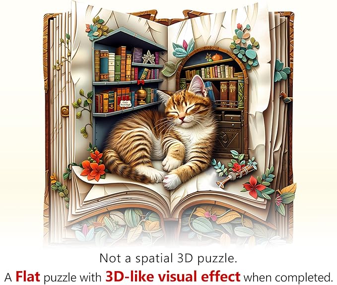 WOODBESTS Wooden Puzzles for Adults, Cat in The Book Wood Puzzles Adult(100 Pieces, S, 7.7 * 7.6in), Unique Shape Wooden Animal Jigsaw Puzzles, Birthday Gifts for Adults Family Game