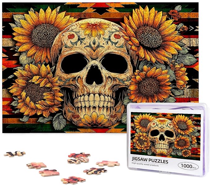 Horror Skull Halloween Puzzles for Adults 500 Piece Colorful Sunflower Skeleton Jigsaw Puzzle Gothic Holiday Party Gifts Puzzle Home Decor