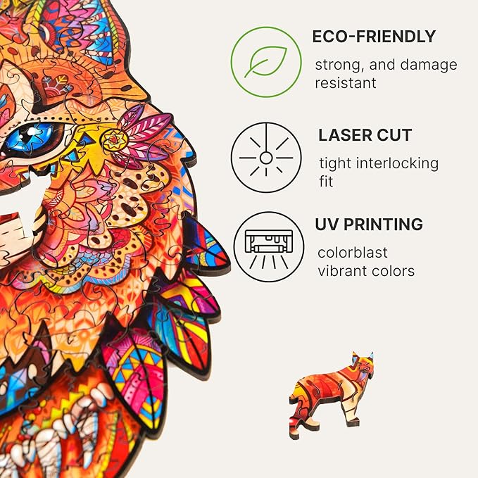 UNIDRAGON Original Wooden Jigsaw Puzzles - Gentle Lynx, 187 Pieces, Medium Size 8.4" х12.7, Beautiful Gift Package, Unique Shape Best Gift for Adults and Kids