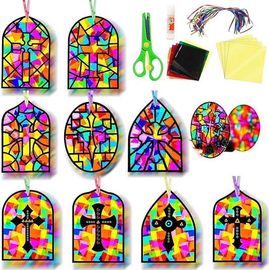 EggSun 36 Sets Cross Church Suncatcher Crafts for Kid Relgious Stained Glass Window Arts and Crafts Suncatcher Kit for Sunday School Thanksgiving Christmas Home Party Decorations