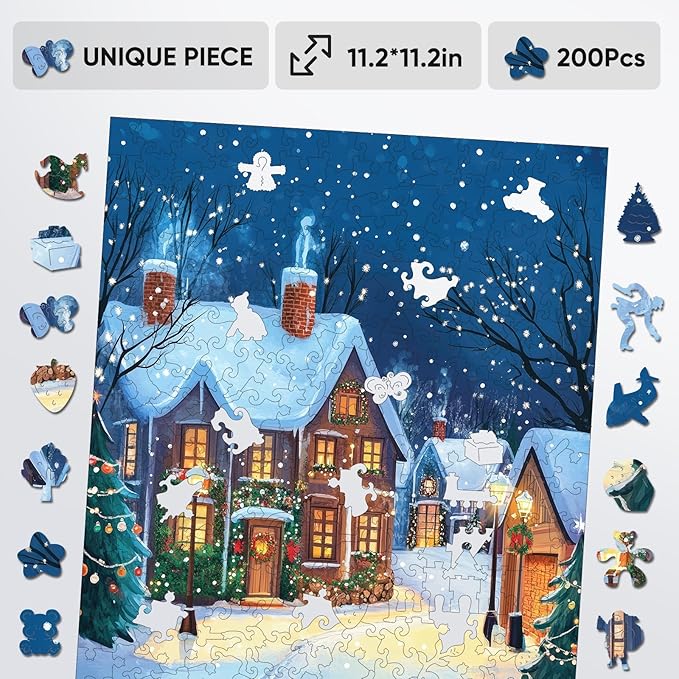 Wooden Puzzles for Adults, 300 Pieces Christmas Town Wooden Jigsaw Puzzles, 12.62 in Wooden Puzzle Adult Creative Christmas Thanksgiving Toy Gifts for Friends Family Puzzle Lovers