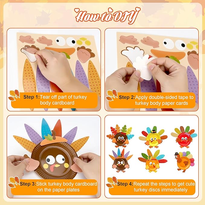 Bafeil 24 Sets Thanksgiving Turkey Craft Kits DIY Autumn Make a Turkey Paper Plate Crafts Turkey Ornaments Decorations Art Sets for Festive Fall Autumn Thanksgiving Party Classroom Activities