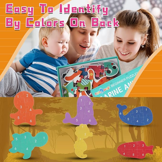 FLYINGSEEDS 6 Packs Marine Animals Shaped Wooden Jigsaw Puzzles, Beginner Puzzles for Toddlers, Montessori Learning Toys Preschool Educational Activity for Kids Ages 3 4 5 with Pattern Blocks
