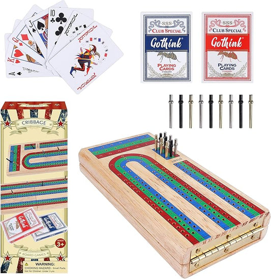 GOTHINK Cribbage Board Game Set w/Storage - 9 Metal Pegs, 2 Decks of Playing Cards, 3-Track Folding Wooden Board Games for Adults & Kids - 2-4 Player Games - Ideal for Family Game Night, Travel