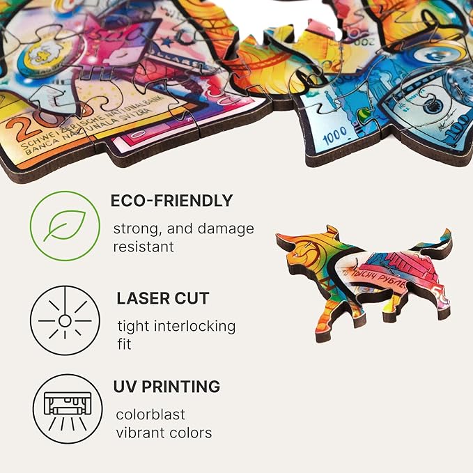 UNIDRAGON Original Wooden Jigsaw Puzzles - Prosperous Bull, 102 pcs, Small 7.5"x8.7", Beautiful Gift Package, Unique Shape Best Gift for Adults and Kids