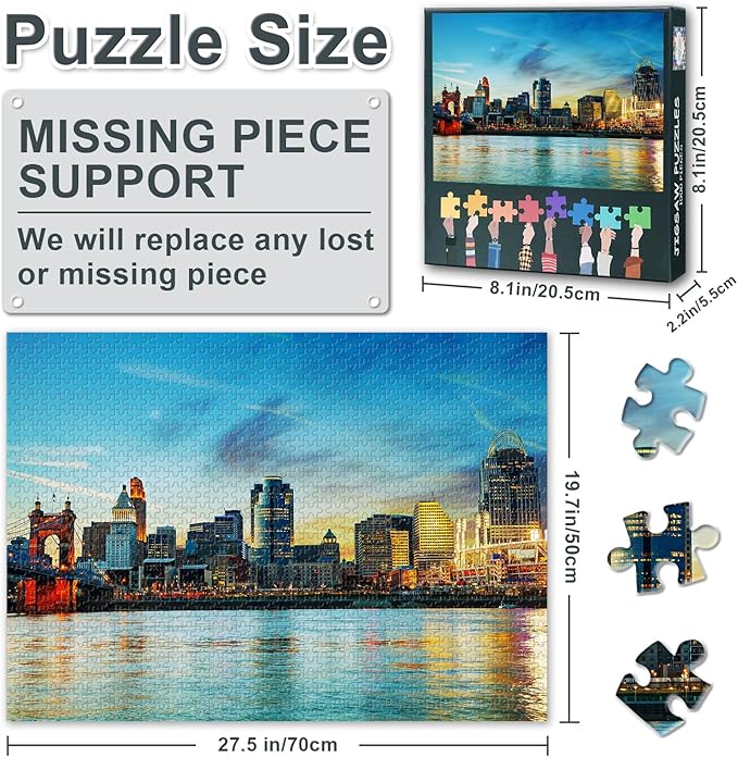 Puzzles for Adults 1000 Pieces - Cincinnati Bridge Cityscape Jigsaw Puzzle (27.5x19.7 Inch), Ohio Skyline Challenging Puzzles for Adults, Family Game for Men & Women (Home Decor Gift)