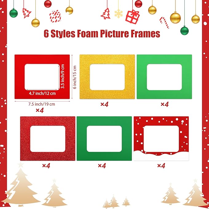 Fovths 24 Packs Christmas Foam Picture Frame Kits DIY Christmas Frame Crafts Picture Craft with 300 Self Adhesive Stickers for Xmas Party Favors Birthday Home Decor
