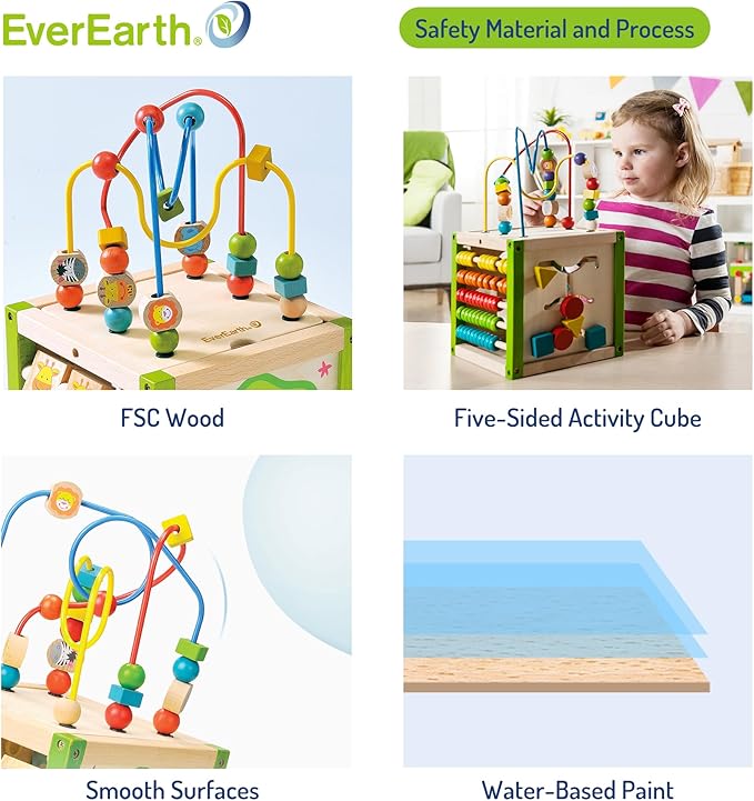 Wooden Activity Cube with Bead Maze, 5 in 1 Activity Center, Educational Learning Montessori Toys for Toddlers for Kids 1+, FSC Certified
