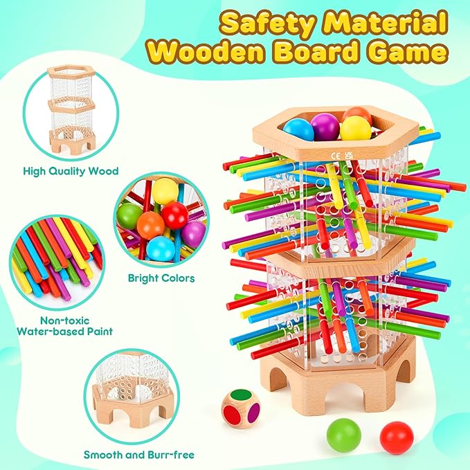 Montessori Wooden Board Game, 42 Colorful Sticks Dice Games for Kids 3 4 5 6 Years, Math Learning Toys Fine Motor Skills & Counting Educational Toy, Family Travel Game Birthday Gifts for Boys Girls