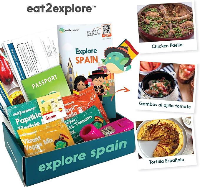 eat2explore Cooking Kits for Kids - Interactive & Educational Set with 3 Recipe Cards, Key Ingredients & Cooking Tools - Ideal Idea for Kids who Love to Create Meals (Spain Edition)
