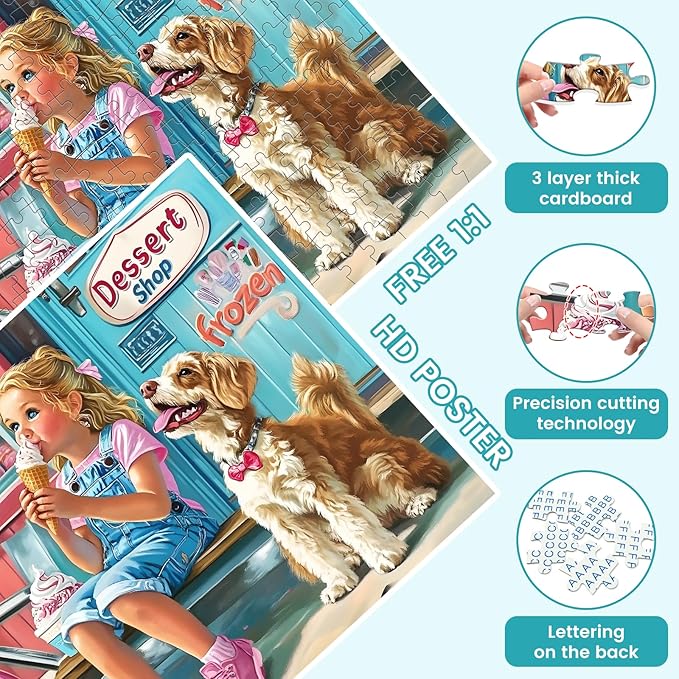 300 Pieces Ice Cream Puzzles for Adults - Puzzles for Kids Ages 6-8 8-10 10-12 - Large Piece Dog Jigsaw Puzzle - Dessert Shop Puzzle for Friends Family Activity Game Nights Gifts