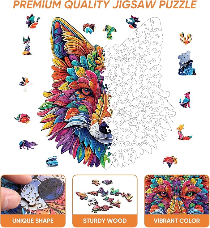 Wolf Wooden Puzzles 200 Pieces, Animal Jigsaw Puzzles for Adults, Unique Shape Animal Adult Puzzles, Irregular Best Gift for Adults Family Game (10.2x11.2 in)