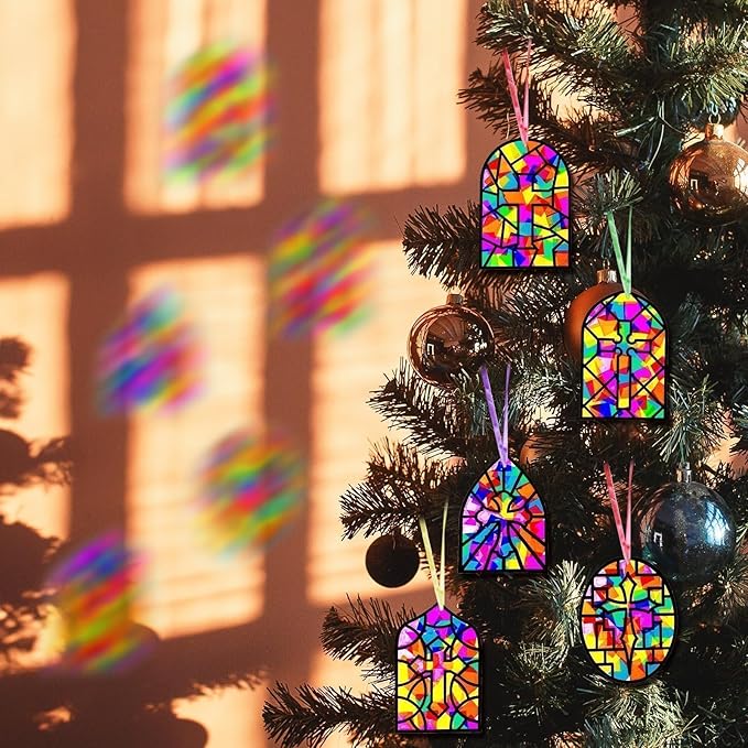 EggSun 36 Sets Cross Church Suncatcher Crafts for Kid Relgious Stained Glass Window Arts and Crafts Suncatcher Kit for Sunday School Thanksgiving Christmas Home Party Decorations