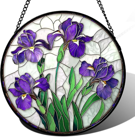 Stained Glass Window Hanging - Purple Iris Flower Sun Catcher for Door Terrace Garden Home Decor, Green Plants Suncatcher Birthday Gifts for Lovers Women Men Dad Mom Nana 7.8 in