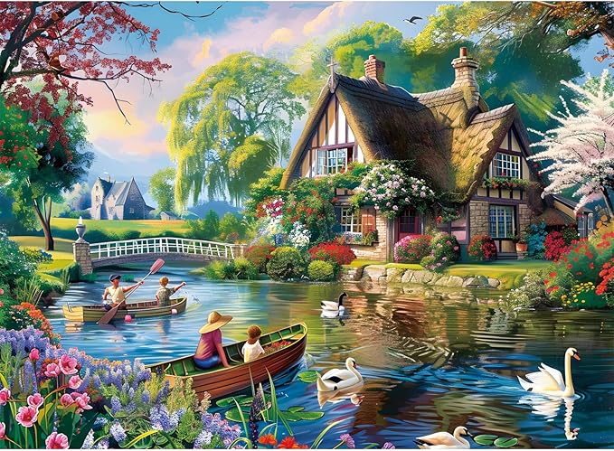 500 Pieces Puzzle for Adults,Waterside Cottage Puzzle,Recycled Cardboard Peaceful Pond Puzzles 500 Pieces,Challenging Game Home Decor Birthday Party Gift Toy for Adults Kids Seniors 20.5 * 15 in